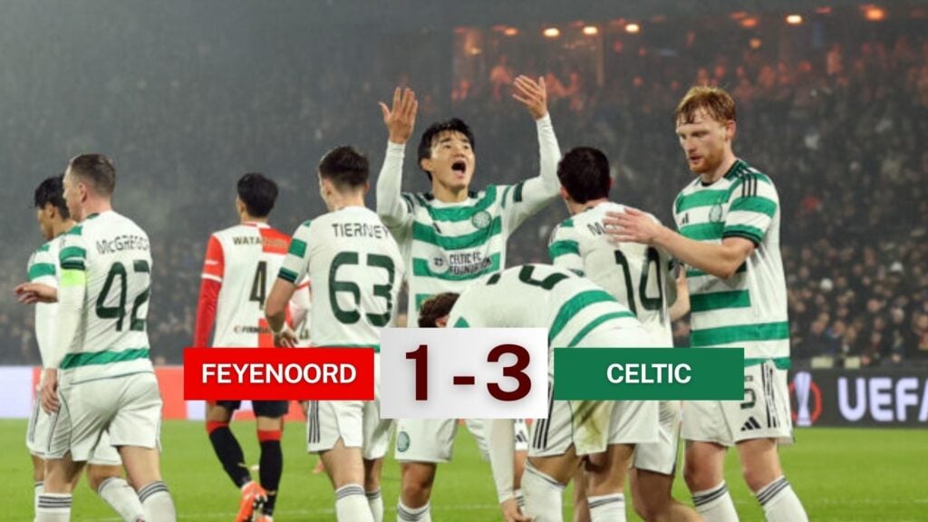 Hyunjun Yang celebrates his goal for Celtic against Feyenoord