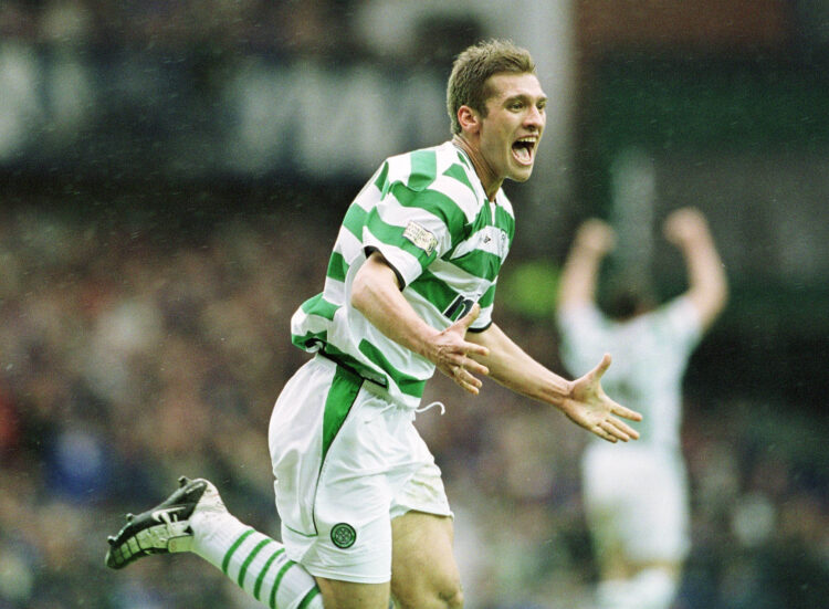 10 Mar 2002:  Stilian Petrov of Celtic celebrates scoring the opening goal during the Scottish Premier League match between Glasgow Rangers and Cel...