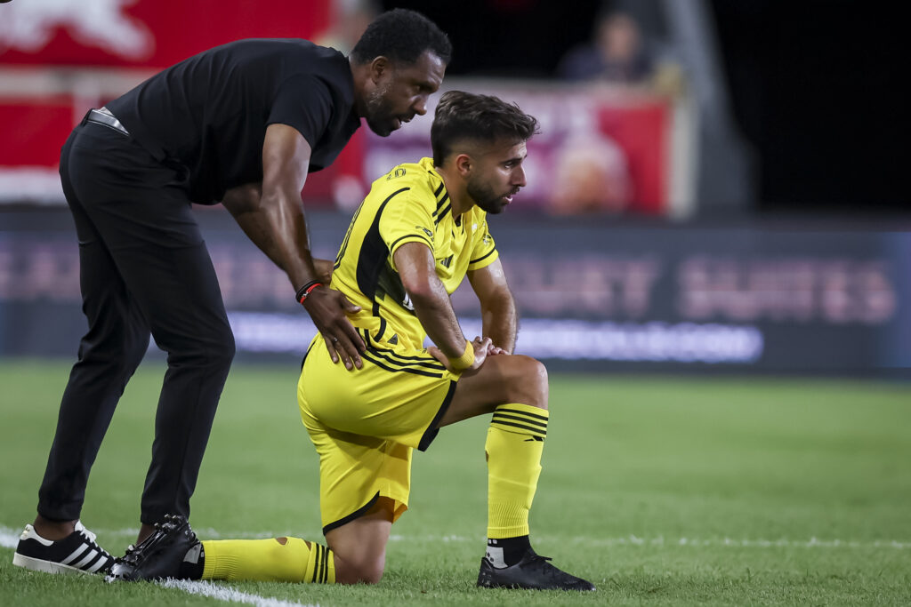 Wilfried Nancy and Diego Rossi in conversation during Columbus Crew vs New York Red Bulls
