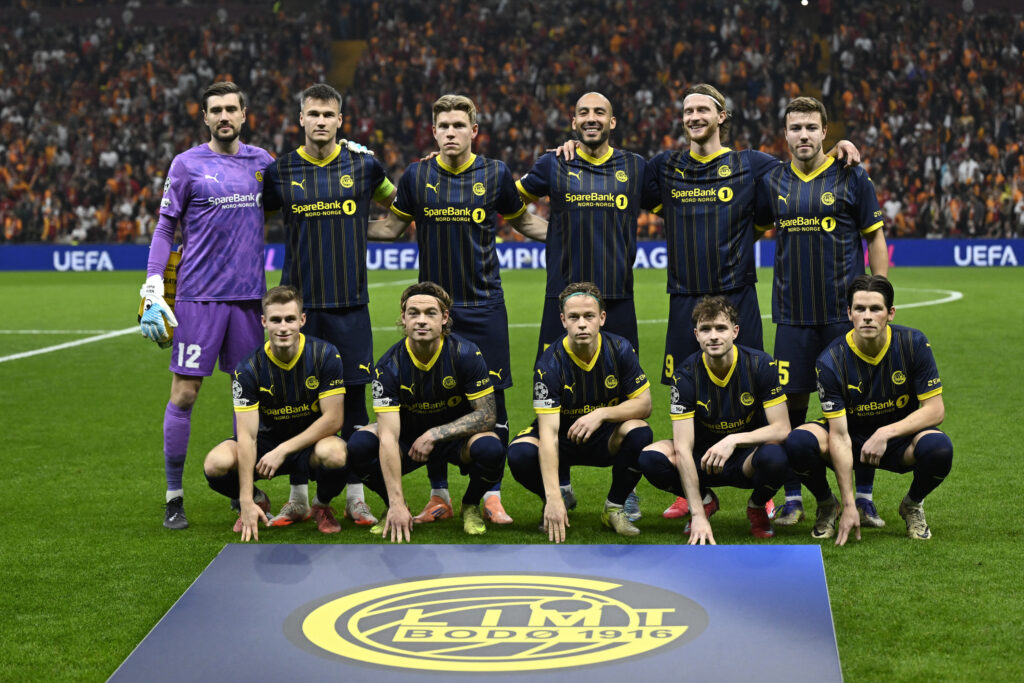 Bodo/Glimt's players pose before a Champions League game
