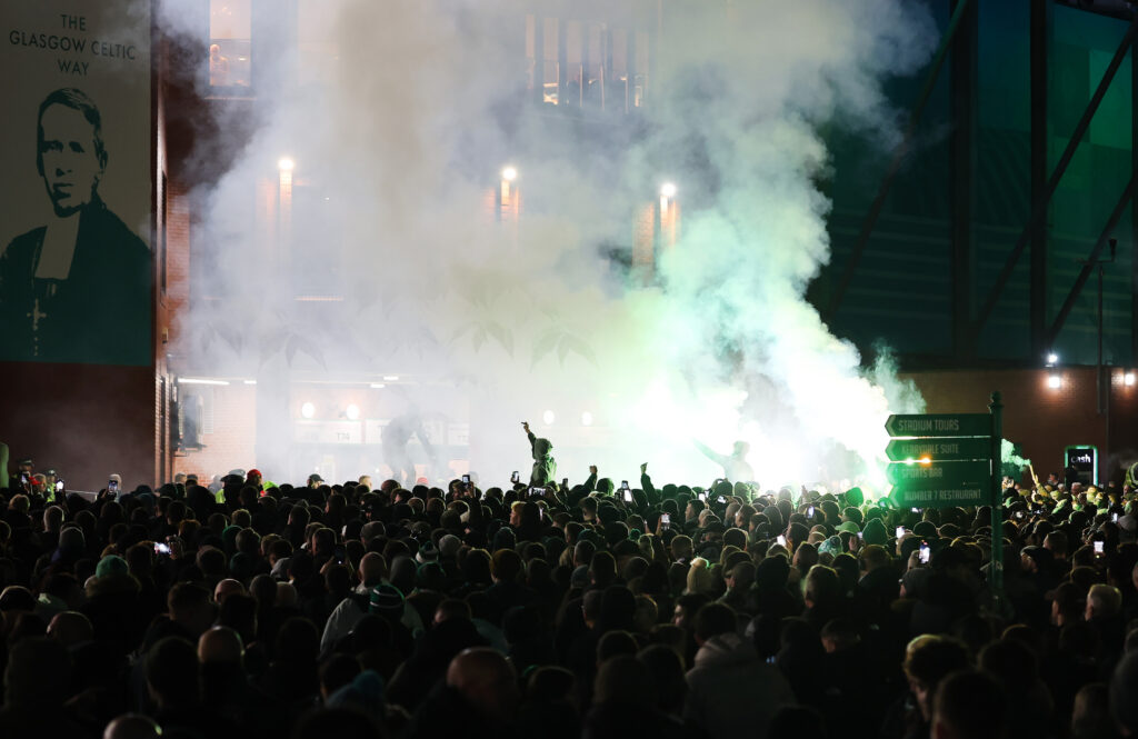 Celtic fans protest outside Parkhead before the Falkirk game