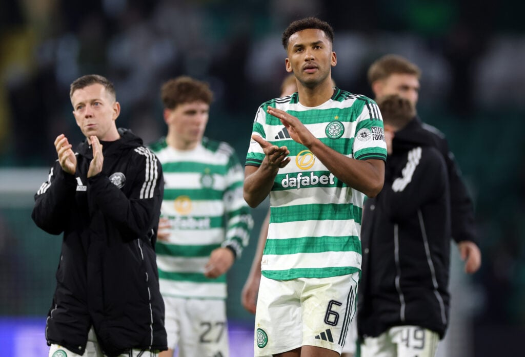 Auston Trusty applauds the Celtic fans after the win over Falkirk.
