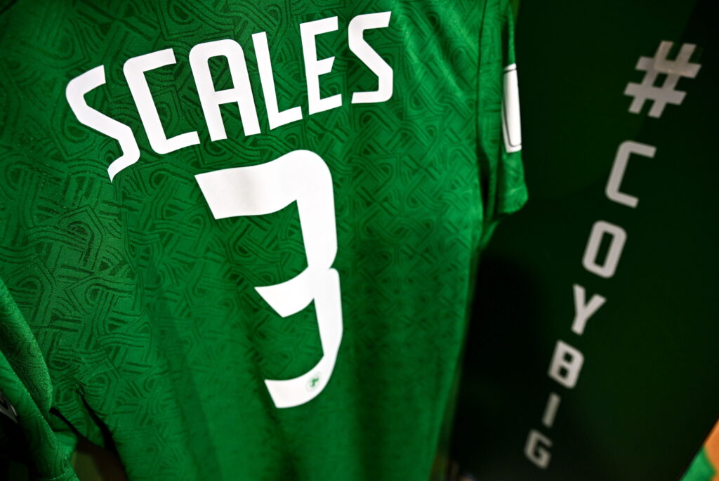 A close-up of Liam Scales' jersey ahead of Republic of Ireland v Portugal in the FIFA World Cup 2026 Qualifier