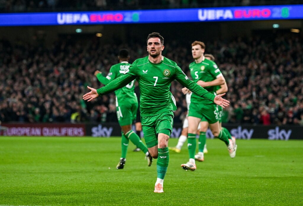 Troy Parrott celebrates his goal for Republic of Ireland against Portugal