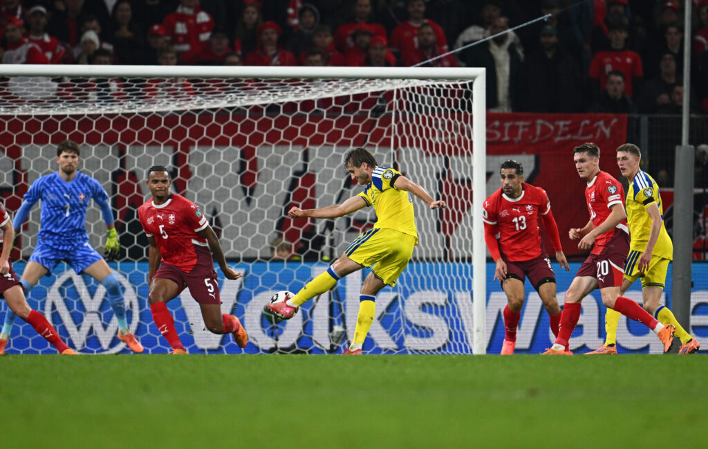 Benjamin Nygren lines up a shot just before he scores for Sweden against Switzerland in their FIFA World Cup 2026 Qualifier.