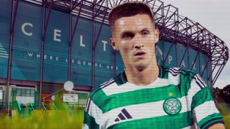 Johnny Kenny in action during the Como Cup between Celtic and al Ahli, a background of Celtic Park