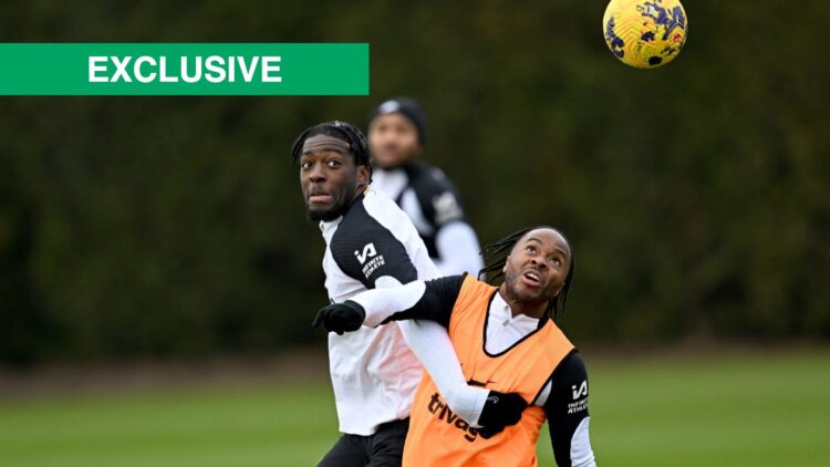 Axel Disasi and Raheem Sterling compete for the ball during Chelsea training, including an exclusive banner.
