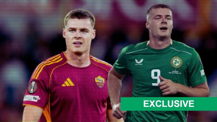 Evan Ferguson celebrates his goal for the Republic of Ireland against Armenia, Evan Ferguson in action for Roma against Lille in the Europa League