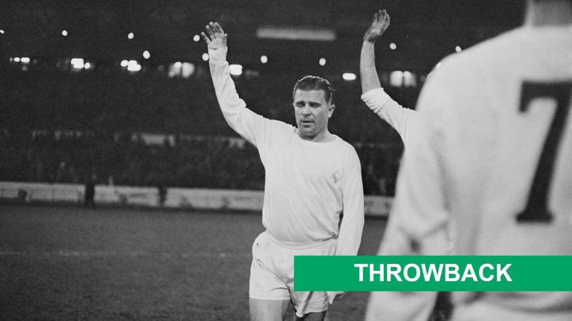 Ferenc Puskas leads Real Madrid out against Chelsea