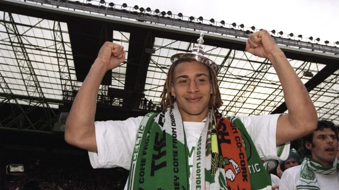 Henrik Larsson of Celtic celebrates after a Scottish Premier League match against St Johnstone at Celtic Park