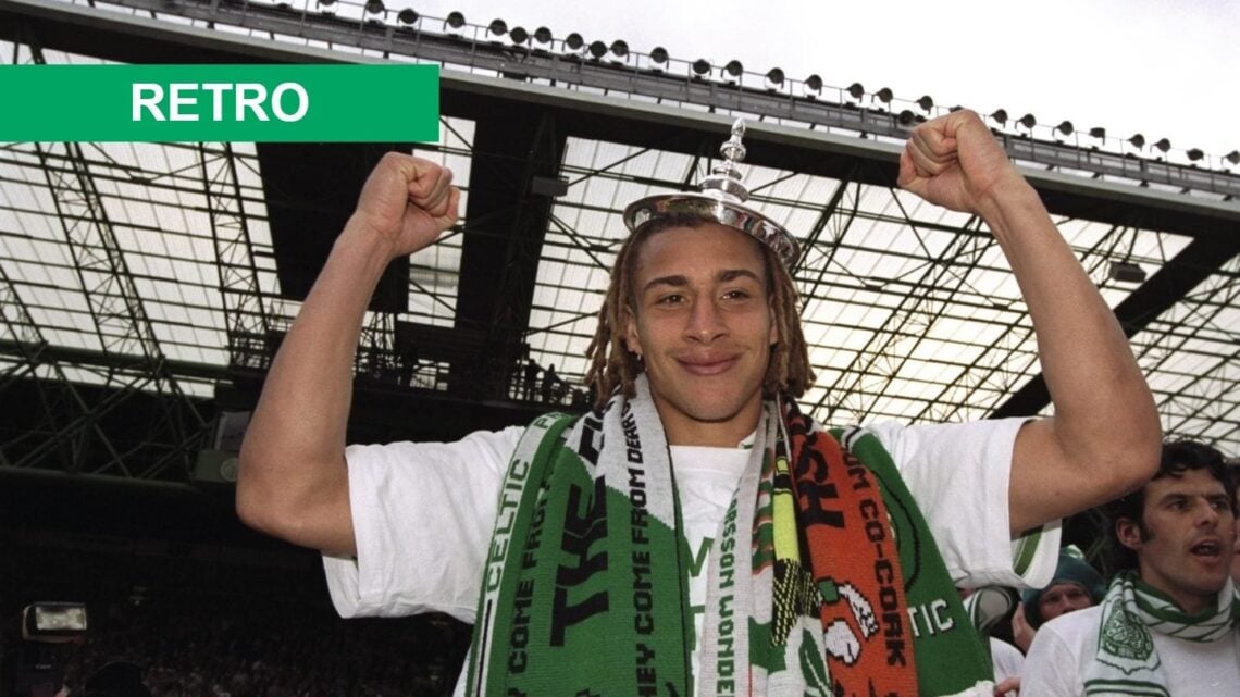 Henrik Larsson of Celtic celebrates after a Scottish Premier League match against St Johnstone at Celtic Park