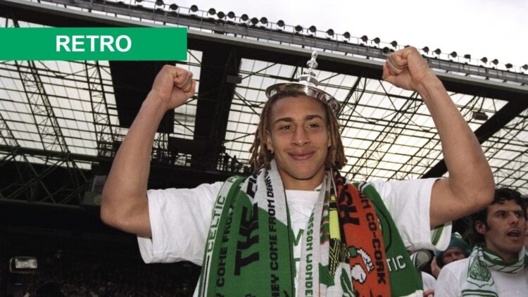 Henrik Larsson of Celtic celebrates after a Scottish Premier League match against St Johnstone at Celtic Park