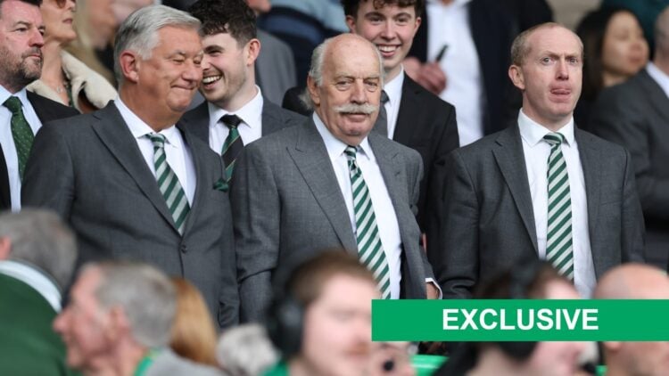 Peter Lawwell, Chairman of Celtic, Dermot Desmond, Non-Executive Director of Celtic, and Michael Nicholson, CEO of Celtic, are seen in attendance p...