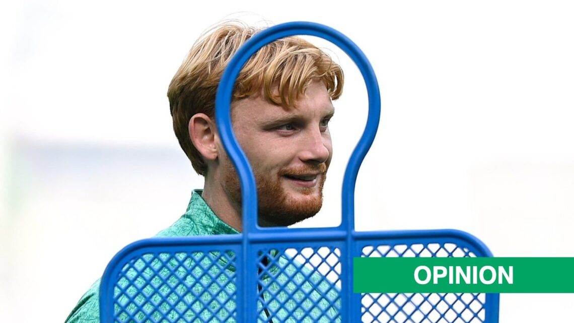 Celtic and Republic of Ireland defender Liam Scales in training, including an inset of an opinion banner.