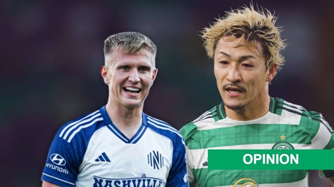 Daizen Maeda in action for Celtic's Scottish Premiership against Falkirk, Sam Surridge celebrates his goal for Nashville against Montreal