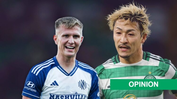 Daizen Maeda in action for Celtic's Scottish Premiership against Falkirk, Sam Surridge celebrates his goal for Nashville against Montreal