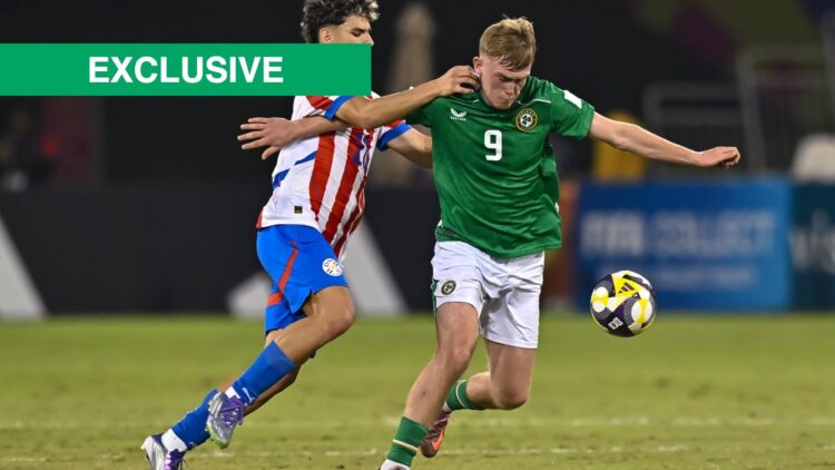 Michael Noonan in action for the Republic of Ireland v Paraguay at the FIFA Under-17 World Cup, including an Exclusive tag.