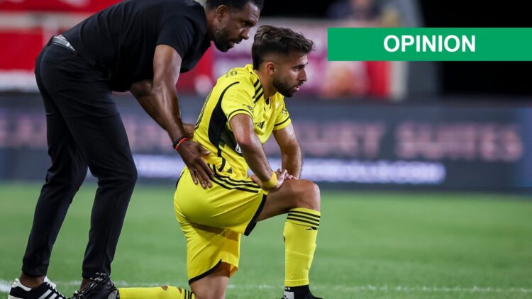 Wilfried Nancy and Diego Rossi in conversation during Columbus Crew vs New York Red Bulls