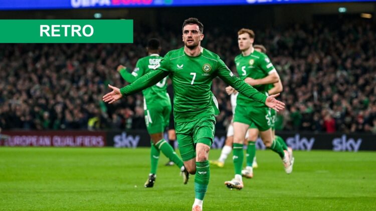 Troy Parrott celebrates his goal for Republic of Ireland against Portugal