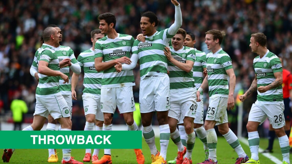 Virgil van Dijk celebrates a goal for Celtic against Inverness, including an insert of a throwback label.