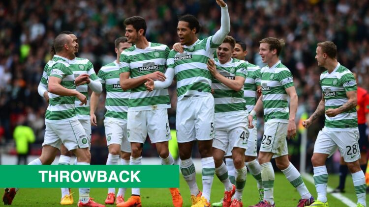 Virgil van Dijk celebrates a goal for Celtic against Inverness, including an insert of a throwback label.