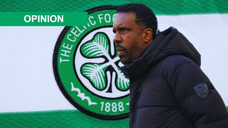Wilfried Nancy head coach of the Columbus Crew looks on against Atlanta, a detailed view of the Celtic badge