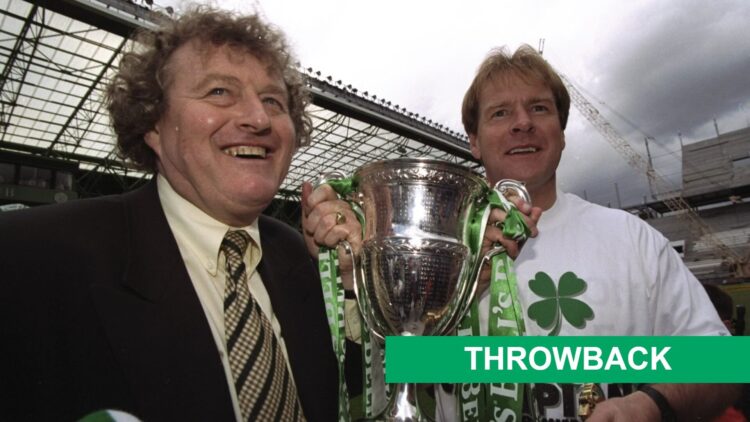 Celtic Coach Wim Jansen and Murdo McLeod celebrate after a Scottish Premier League match against St Johnstone at Celtic Park in Glasgow, Scotland. ...