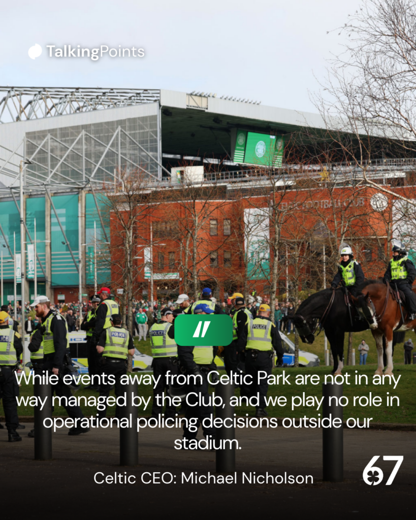 Police are seen outside the stadium prior to the William Hill Premiership match between Celtic FC and Rangers FC at Celtic Park.