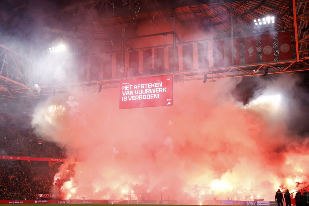 Fireworks are set off ahead of AFC Ajax Amsterdam Eredivisie clash against FC Groningen.
