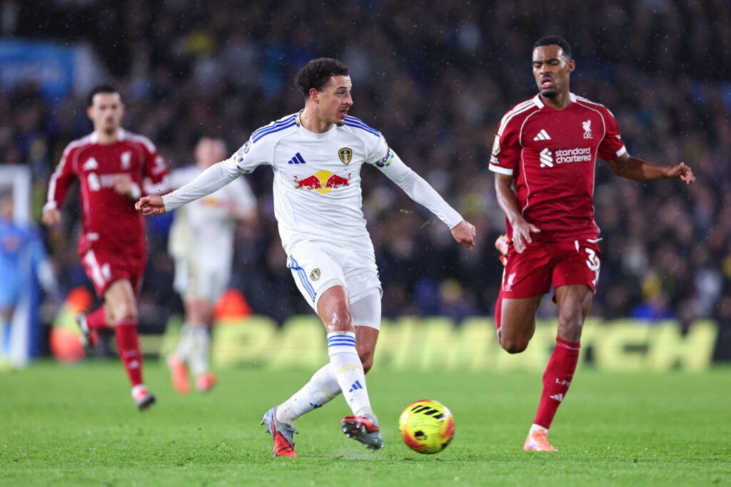 Ethan Ampadu makes a pass to a Leeds United teammate against Liverpool