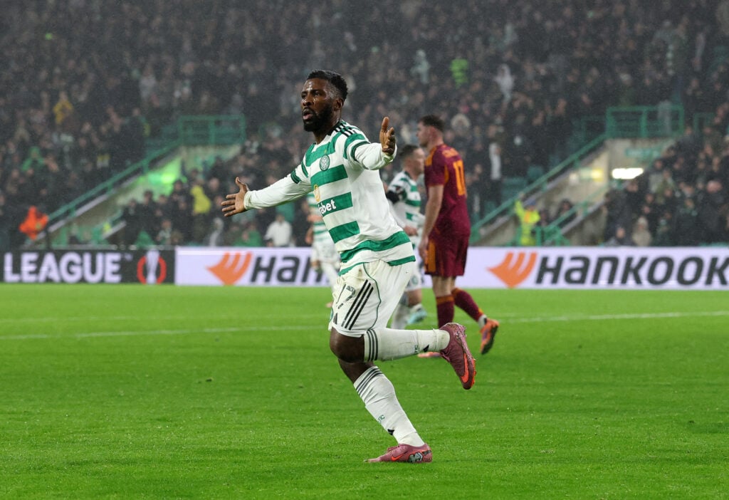 Kelechi Iheanacho of Celtic celebrates his team's goal, which is disallowed following a VAR review