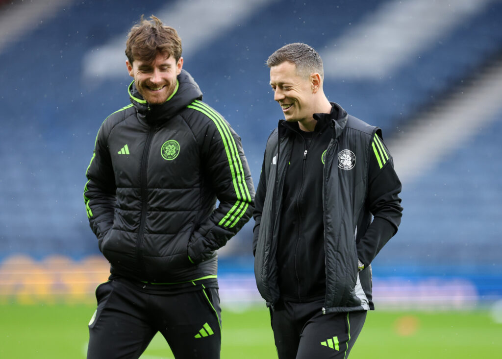 Anthony Ralston and Callum McGregor speak before the Premier Sports Cup final