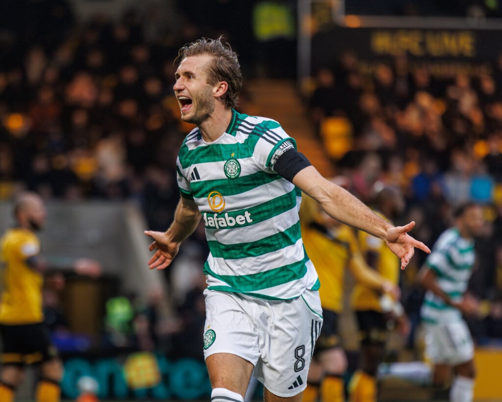 Benjamin Nygren of Celtic celebrates scoring during the William Hill Premiership match between Livingston and Celtic