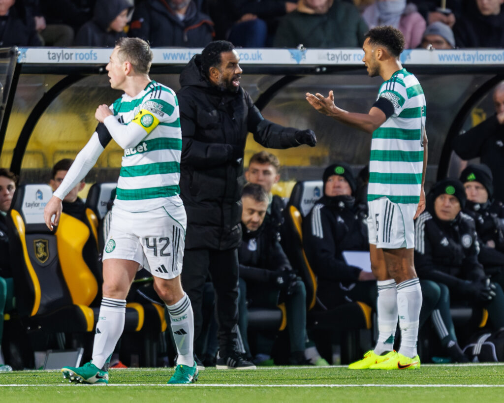 Wilfried Nancy in the dugout at Livingston v Celtic - William Hill Premiership speaking to Celtic defender Auston Trusty.