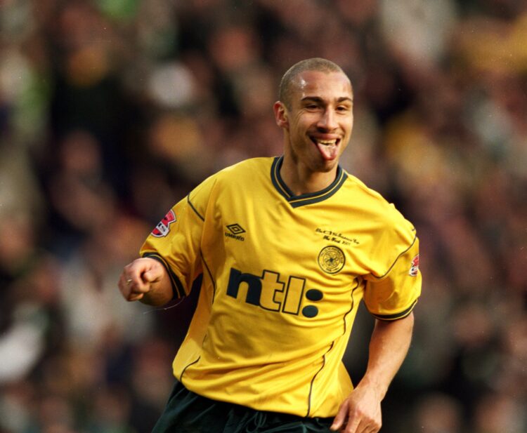 18 Mar 2001:  Henrik Larsson of Celtic celebrates another goal in an amazing season during the Scottish CIS Insurance Cup Final match against Kilma...
