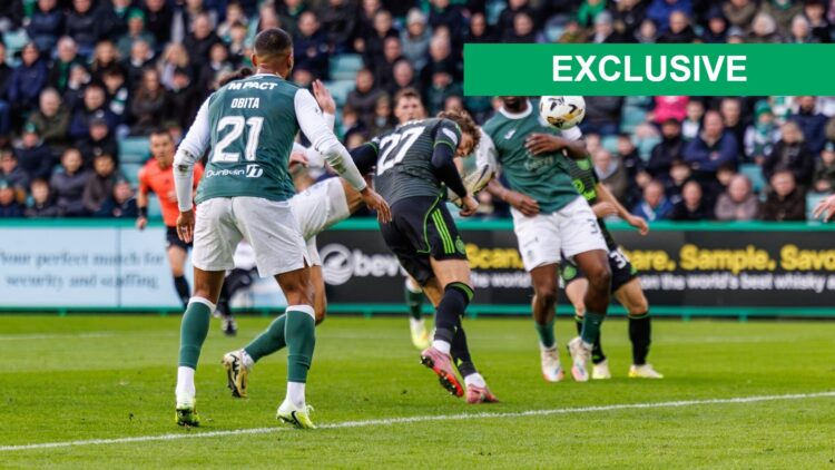 Image of Celtic midfielder Arne Engels being kicked in the head by Jamie McGrath in Celtic's win over Hibs at Easter Road.