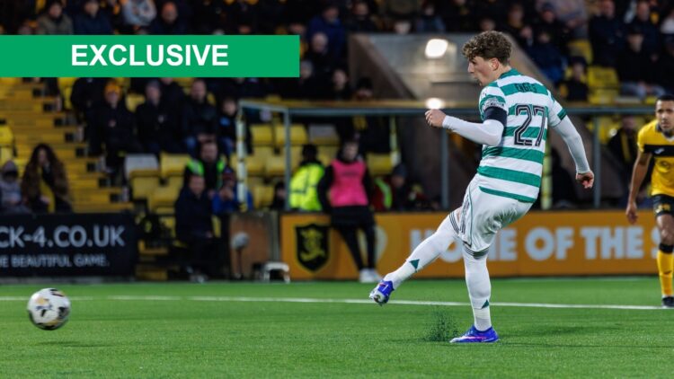 Celtic midfielder Arne Engels scoring a penalty that left Livingston boss David Martindale fuming.