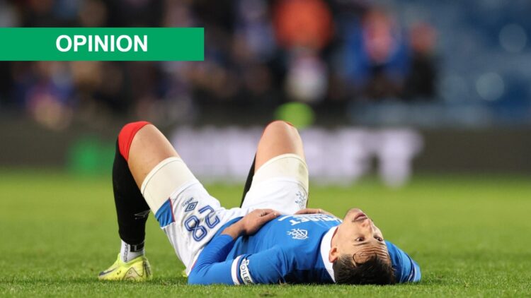 Bojan Miovski looks frustrated after missing a chance for Rangers