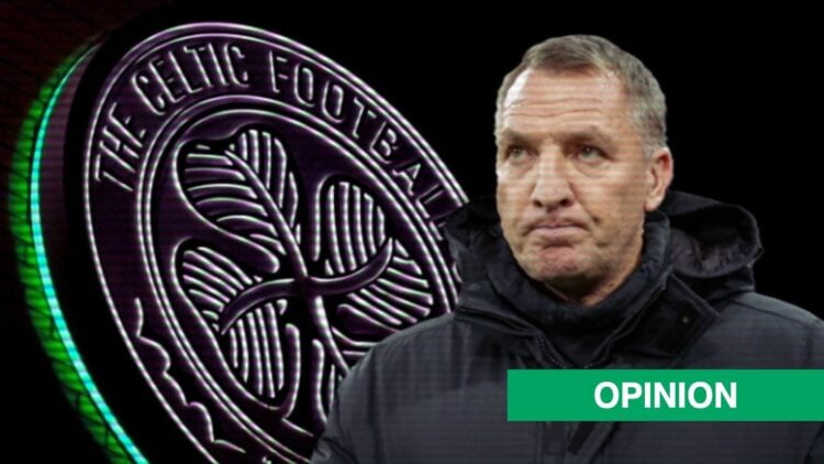 Brendan Rodgers standing in front of the Celtic badge, including an inset of an 'opinion' banner.