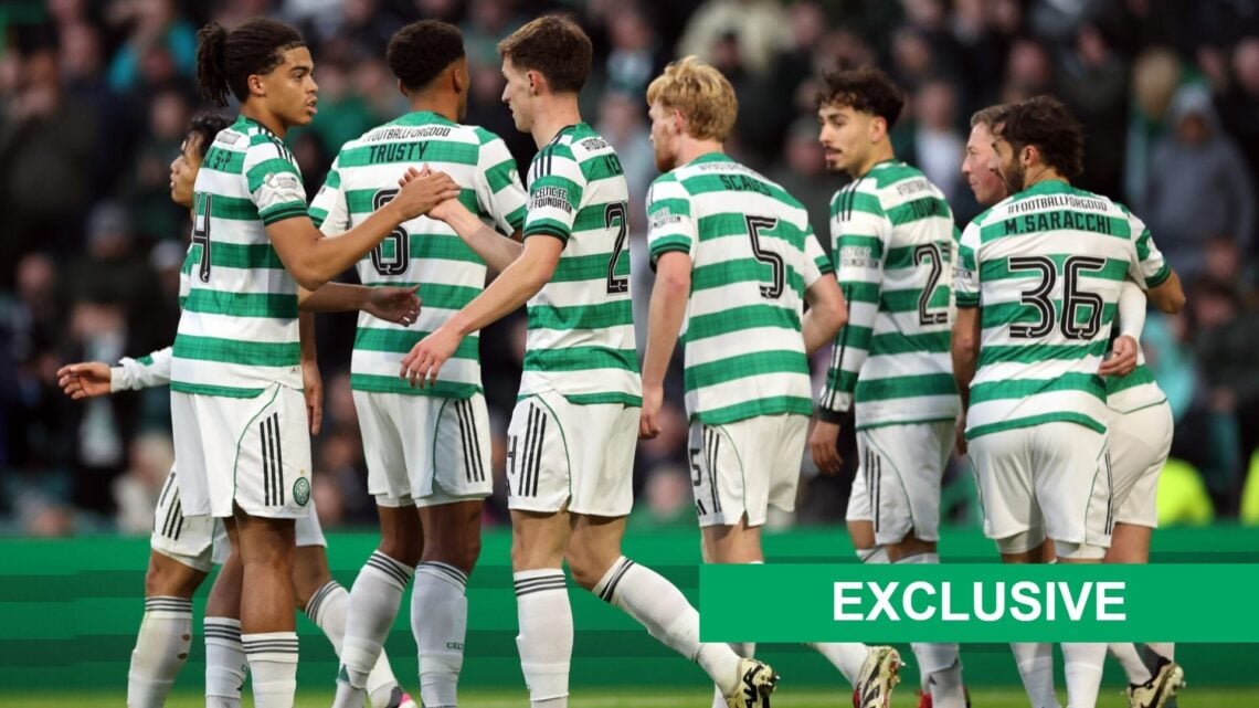 Celtic's players celebrate after scoring against Kilmarnock in the Scottish Premiership