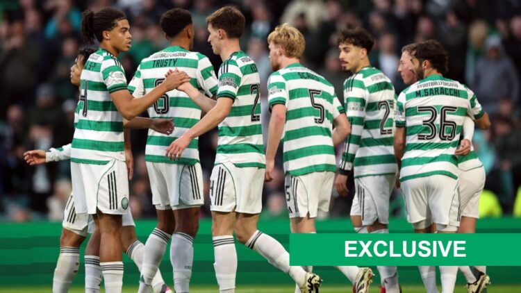 Celtic's players celebrate after scoring against Kilmarnock in the Scottish Premiership