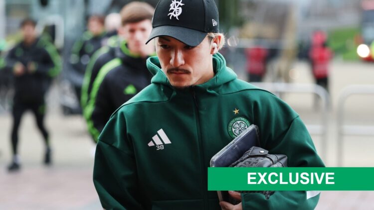 Daizen Maeda arrives at Celtic Park for Celtic vs Aberdeen