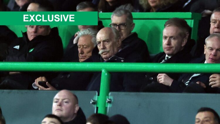Dermot Desmond watches on from the stands at Celtic Park during the Falkirk game