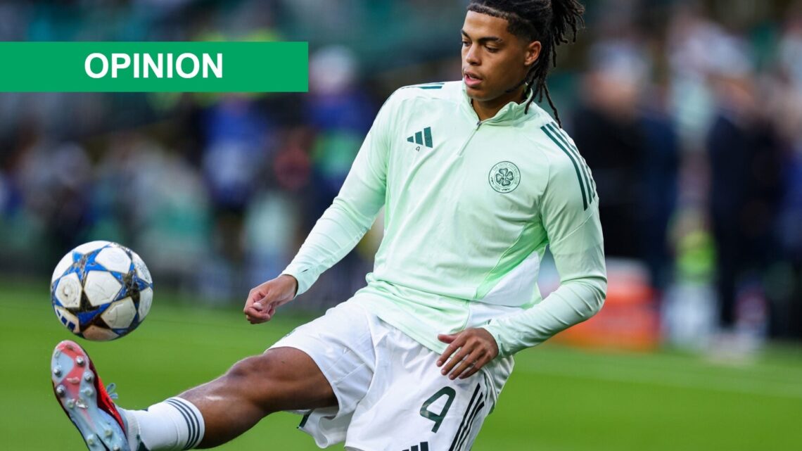 Jahmai Simpson-Pusey of Celtic warms up ahead of the UEFA Champions League Play-offs Round First Leg match between Celtic and Kairat Almaty