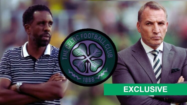 Wilfried Nancy watches on from the sidelines during a Columbus Crew fixture, an image of the Celtic badge, Brendan Rodgers watches on during a Celt...