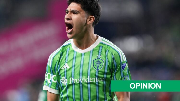 Obed Vargas celebrates his goal in the MLS Cup play off semi-final for Seattle Sounders