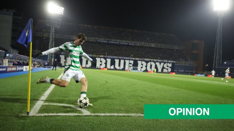 Paulo Bernardo takes a corner for Celtic, including an inset of an opinion banner.