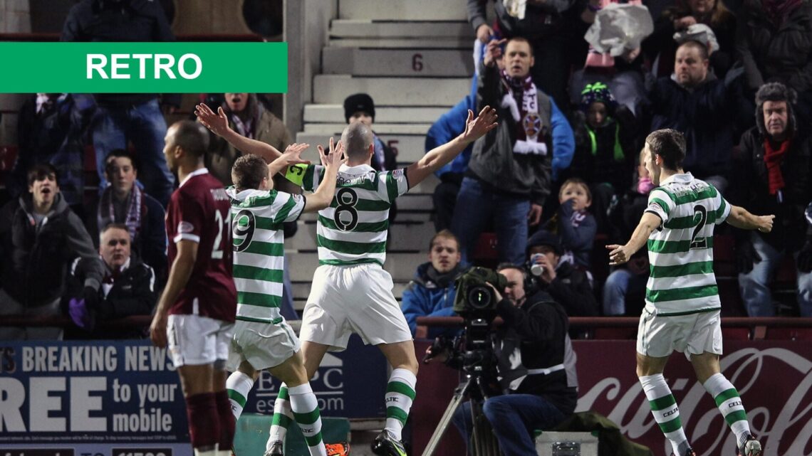 Scott Brown celebrates a goal vs Hearts v Celtic
