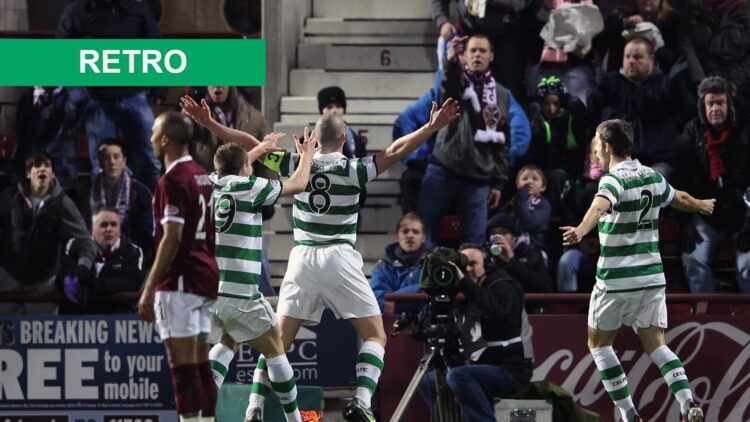 Scott Brown celebrates a goal vs Hearts v Celtic