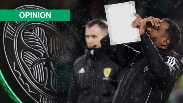 An image of the Celtic badge, Wilfried Nancy looks frustrated during Celtic vs Hearts